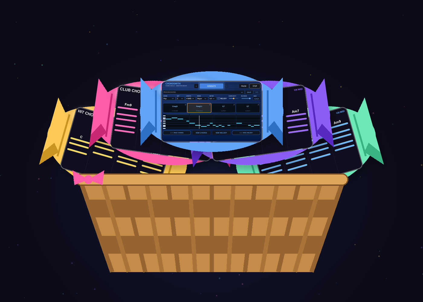Chord Basket: Chordsmith and every MIDI pack as wrapped candy in a basket