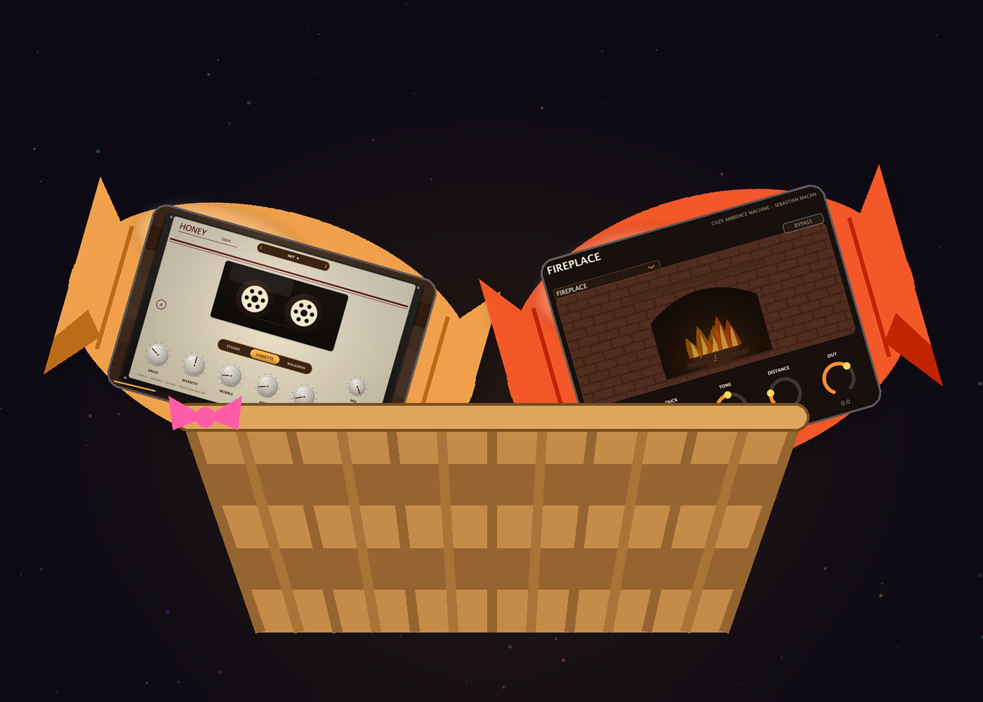 Cozy Basket: Honey and Fireplace as wrapped candy in a basket